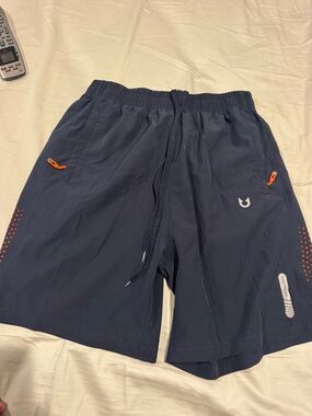 Men's Navy Athletic Shorts with Orange Accents